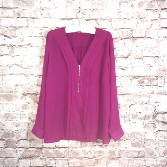 anthology Tops - Anthology Zip Front Pleat Blouse Top Magenta